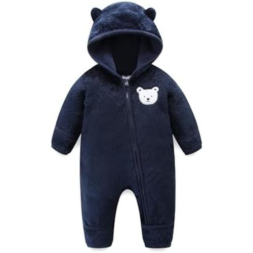 Newborn Baby Fleece Jumpsuit Unisex Infant Bear Hooded Onesie with Mitten Cuffs Winter Warm Snowsuit Outfit