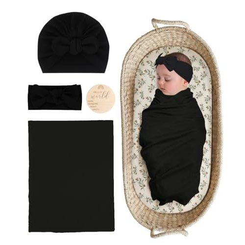 ZURLEFY Stretchy Baby Swaddle Blanket and Headband Set, Newborn Receiving Blankets with Matching Hat for Nursery Swaddle Wrap