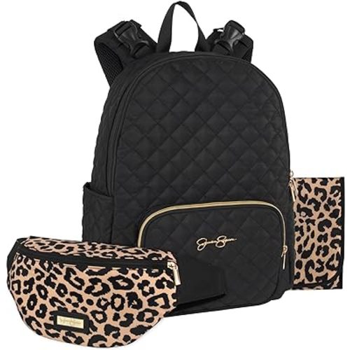 Jessica Simpson Black Quilted Diaper Bag Backpack with Insulated Pockets, Portable Changing Pad, Stroller Straps, Fanny Pack 3 Pc. Set (Camilla (With Fanny Pack))