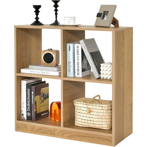 Giantex 4-Cube Bookcase, 2-Tier Freestanding Open Bookshelf with Anti-Toppling Device, Wooden Decorative Storage Organizer, Modern Floor Display Shelf for Study Bedroom Living Room (Natural)