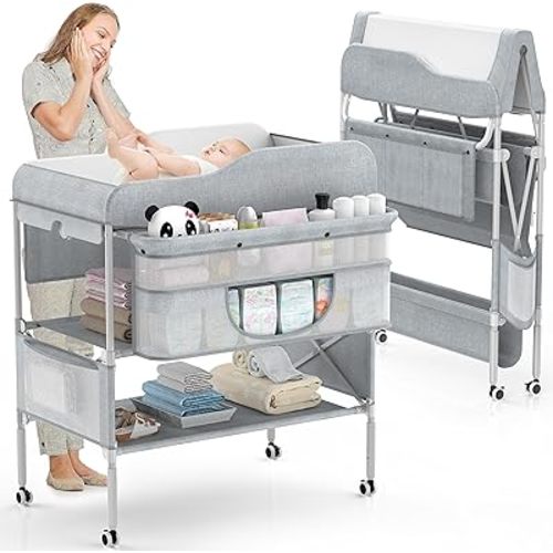 FFFROG Portable Baby Changing Table with Wheels, Waterproof Foldable Adjustable Height Diaper Station with Nursery Organizer and Storage for Newborn and Infant