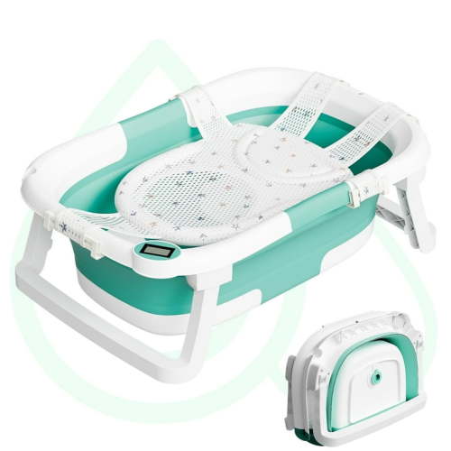 Aprpink Foldable Baby Bathtub PP+TPE with Soft Bath Net&Thermometer for 0-36 Months Toddler Turquoise