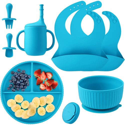 Soft Silicone Baby Feeding Set, Baby Led Weaning Supplies with Adjustable Bib, Suction Bowl, Suction Divided Plate, Straw Cup, First Stage Spoon & Fork, , Toddler Infant Self Eating Utensil Set
