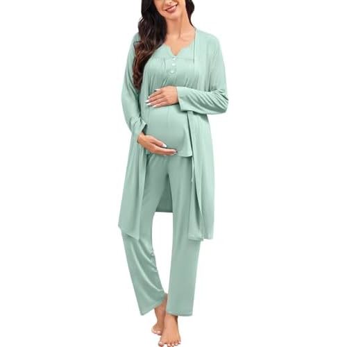 SWOMOG Maternity Nursing Pajamas Sets 3 PCS Women Postpartum Pajama Breastfeeding 3 in 1 Labor Delivery Button Pregnancy Pjs