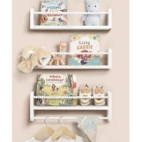 White Beaded Floating Shelves - Nursery Bookshelves Set of 3, White