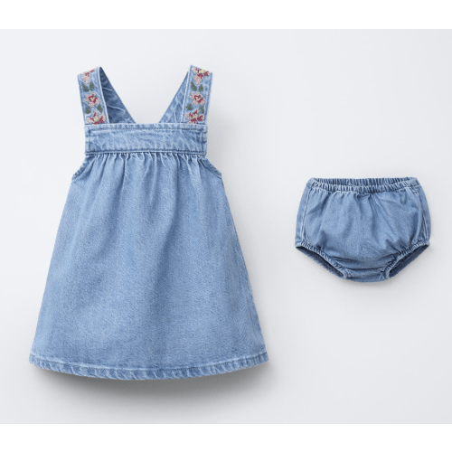 EMBROIDERED DENIM PINAFORE DRESS AND BLOOMERS - Blue | ZARA United States