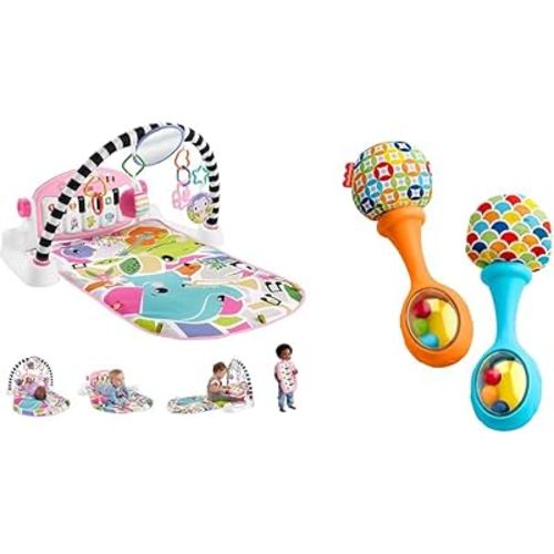 Fisher-Price Baby Activity Mat Glow and Grow Kick & Play Piano Gym, Portable Musical Toy with Smart & Fisher-Price Baby Newborn Toys Rattle 'n Rock Maracas, Set of 2 Soft Musical Instruments