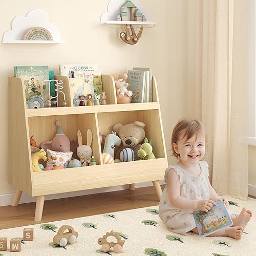 Curipeer Kids Bookshelf and Toy Organizer, 5 Cubbies Wooden Open Bookcase, 2-Tier Baby Storage Display Organizer with Legs, Free Standing Bookshelf for Playing Room, Nursery, Natural Wood Color