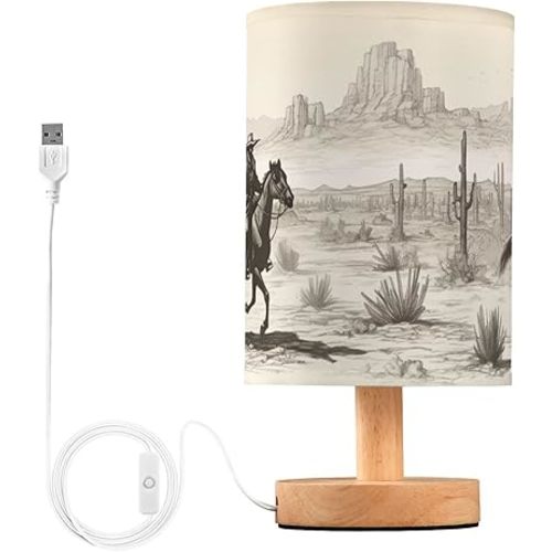 Western Cowboy Bedside Table Lamp for Bedroom Nightstand, Small Eye Care LED Desk Reading Lamp USB Port Wood Base Round Flaxen Fabric Shade for for Kids Room Living Room Office Desk
