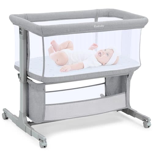 Ezebaby Bedside Bassinet for Baby, Portable Baby Bassinet Bedside Sleeper for Newborn Infants with Wheels Storage Basket, Adjustable 7 Heights and All Mesh Sides