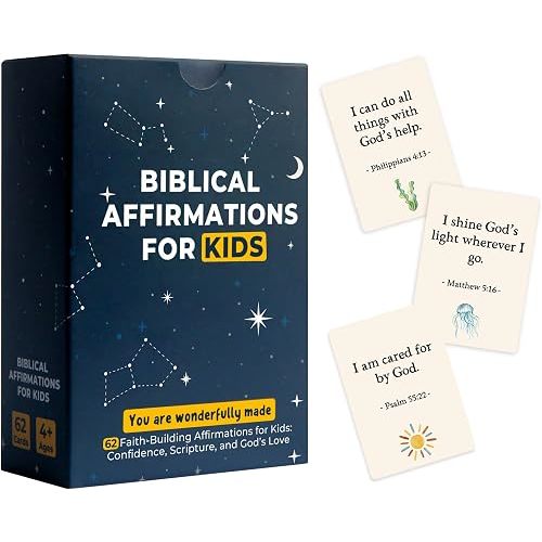Biblical Affirmation Cards for Kids, 62 Bible Verse Cards to Help Children Overcome Anxiety & Build Confidence, Christian Encouragement Gift for Boys Girls