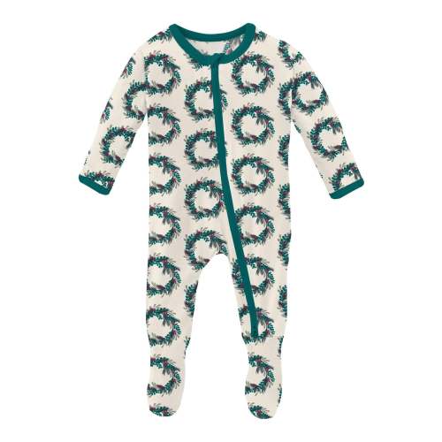 Print Footie with 2 Way Zipper in Natural Holiday Wreath