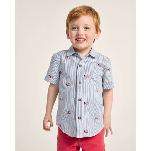 Boys Embroidered Flag Seersucker Button Up Shirt - Nantucket Charm - Blue