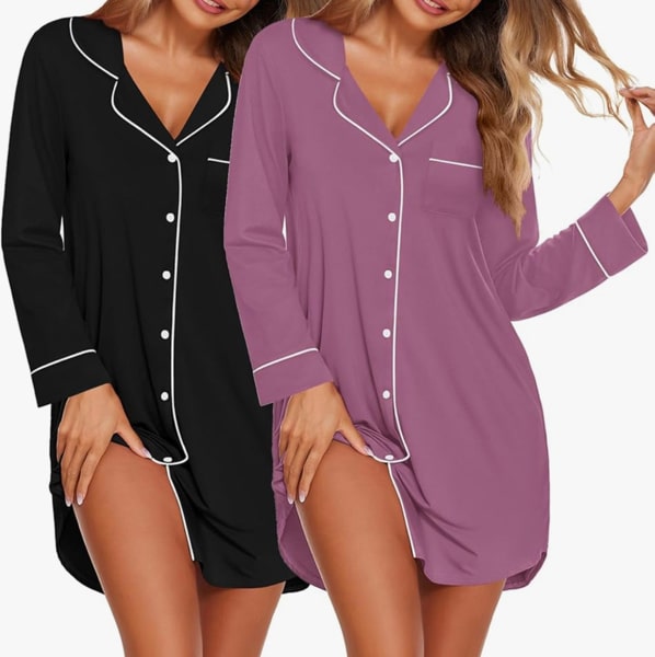 Ekouaer 2 Pack Nightgowns for Women Long Sleeve Night Shirt Button Down Sleep Shirt V-Neck Sleep Dress Pajama Sleepwear