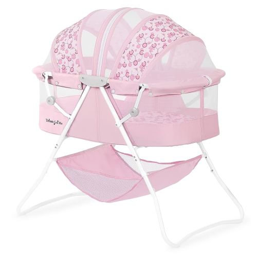 Dream On Me Karley Bassinet in Pink, Lightweight Portable Baby Bassinet, Quick Fold and Easy to Carry, Adjustable Double Canopy, Indoor and Outdoor Bassinet with Large Storage Basket.