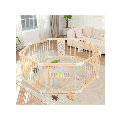 Foldable Wooden Baby Playpen Activity Center,Adjustable Size & Shape Portable Play Yard, Baby Fence Play Area with Gate for Indoor Use for Babies and Toddlers(56x56x24inches)