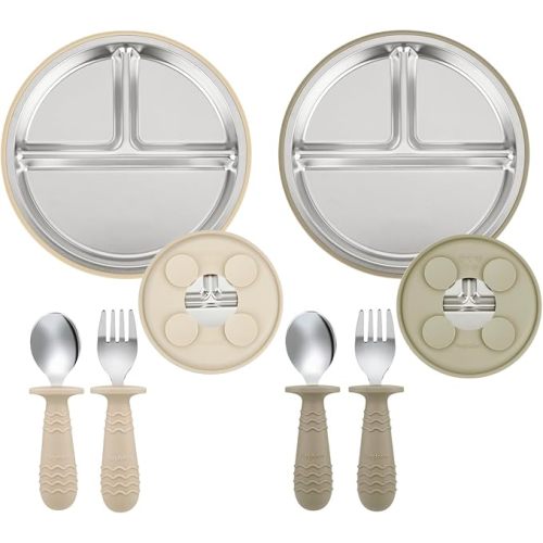 PandaEar 2 Pack Stainless Steel Baby Suction Plates & 2 Pack Spoons and Forks Set, Toddler Utensils Baby Feeding Set, Divided Plates for Baby Led Weaning Supplies, BPA-Free (Tan/Walnut)