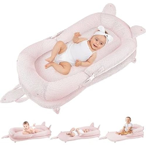 3-in-1 Baby Lounger, Tummy Time Mat & Seated Support Pillow, Baby Lounger for Newborn 0-24 Months, Breathable Portable Infant Lounger for Home Travel, with Detachable Support Pillow-Pink