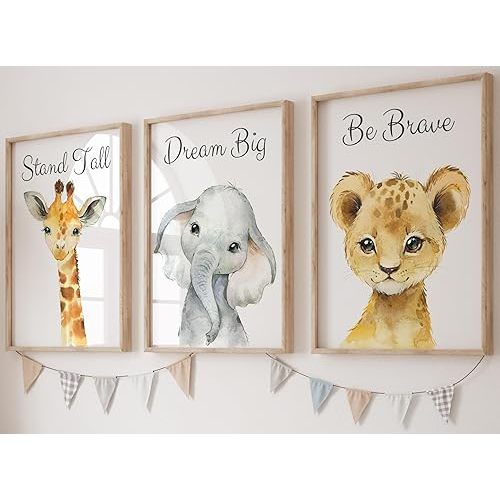 Baby Safari Animals for Girl or Boy Nursery Bedroom, Set of 3 Unframed Wall Art Prints, Jungle Portrait Quote Posters, Nursery Decor Gift, Giraffe Elephant Lion, Stand Tall Dream Big Be Brave (8x10)