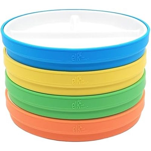 Elk and Friends Kids 7.8” Porcelain White Plates with Silicone Sleeves | Divided Plates | Suitable for Kids/Toddlers | Microwave & Dishwasher Safe | Non Slip | Snack Dishes…