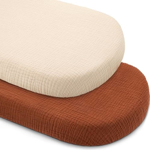Pro Goleem Muslin Bassinet Sheets, 100% Cotton Breathable Soft Fitted Baby Pad Protector for Boys Girls, Fit Oval/Hourglass/Rectangular Bassinet Mattress, Neutral, 2 Pack (Brown＆Beige)