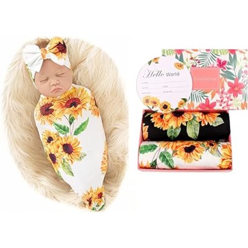 Galabloomer Receiving Blanket Headband Set Flower Print Baby Swaddle Blankets Sunflower