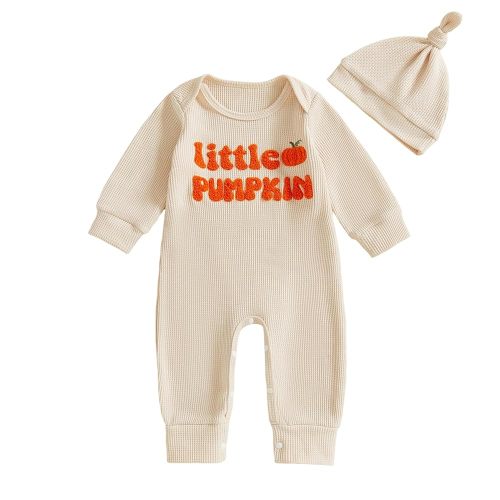 Newborn Infant Baby Boy Halloween Outfit Little Pumpkin Embroidery Romper Waffle Knit Long Sleeve Jumpsuit with Hat