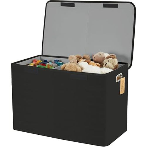 Large Toy Storage Box with Lid, Collapsible Toys Storage Organizer Bins with Dividers and Handles, Storage Chest Bin for Kids, Boys, Girls, Nursery 25"x13" x16" (Black)