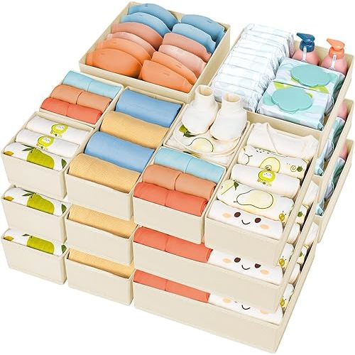 DIMJ Drawer Organizer Clothes, 18 Pack Dresser Organizer, Foldable Closet Organizers and Storage, Fabric Dresser Drawer Organizers, Drawer Dividers for Nursery, Baby Clothes, Underwears, Sock (Beige)