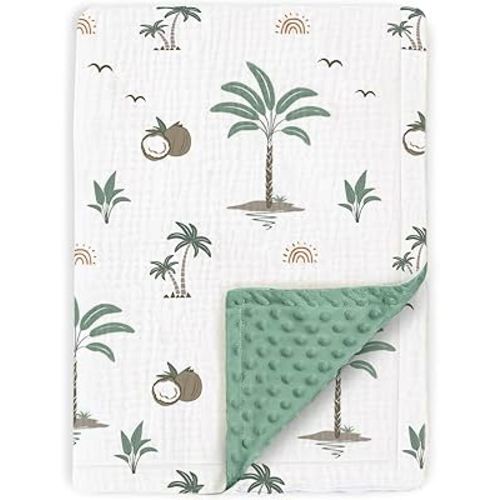 BOPRIO Baby Blankets for Boys Girls, Ultra Soft Nursery Minky Blankets with Breathable Muslin Cotton Front and Dotted Fleece Backing, Coconut Tree Printed, 30 x 40 Inch