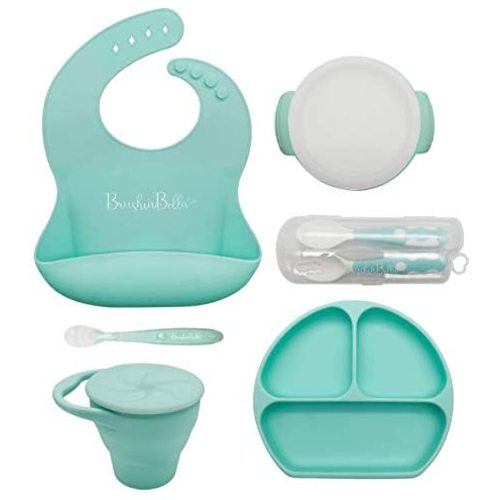 BrushinBella Baby Feeding Supplies - Complete Baby Feeding Set with Baby Plate, Baby Spoons First Stage, Silicone Bib and Snack Cup - Infant Eating Utensils and Baby Bowl with Suction