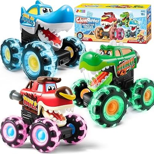 JOYIN 3 Pack Monster Truck Toy - Motion Activated Light-Up Cars for Toddlers - Monster Treads Lightning Wheels - Baby Toy Present - Press & Go Cars for Boys Girls Birthday Gifts