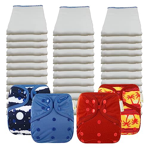 OsoCozy Economy Prefold Cloth Diaper Package - 3 Dozen Infant 4x6x4 Bleached 100% Cotton Prefold Diapers (7-15 lbs) & 4 One-Size Diaper Covers (1 Night Sky, 1 Blueberry, 1 Deep Red, 1 Sunset)