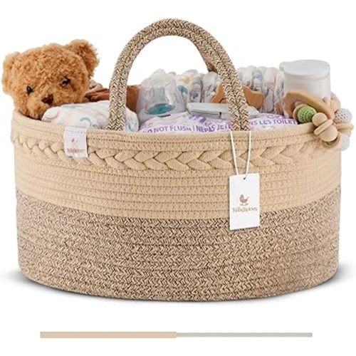 Baby Diaper Caddy Organizer | Changing Table Organizer for Wipes and Diapers | Cotton Rope Diaper Organizer for Changing Table - XL | Newborn Essentials Must Haves for Parents - Sandy Beige