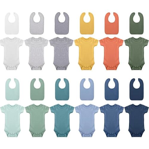 Hillban 24 Pcs Unisex Cotton Short Sleeve Bodysuits Baby Bibs Set for Baby Shower