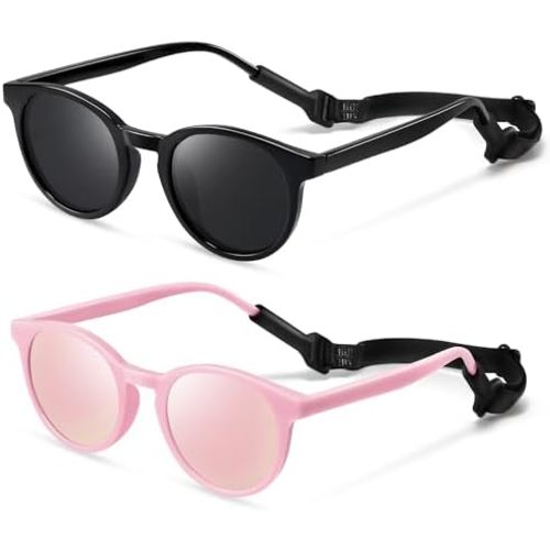 Cute Kids Polarized Sunglasses,Baby Sun Glasses with Strap for Toddler Girls Boys Flexible Round UV400 Protection