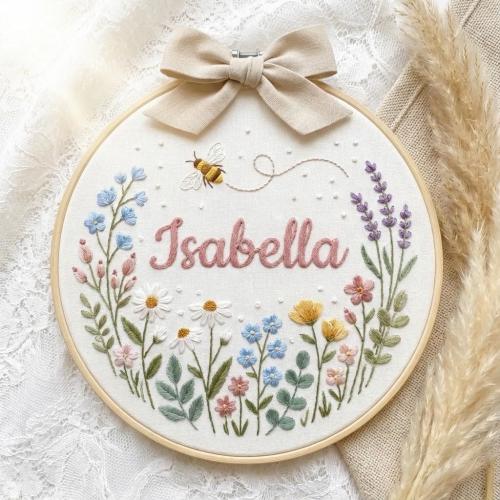 Little Bee Garden Name Sign: Custom Hand-Embroidered Hoop
