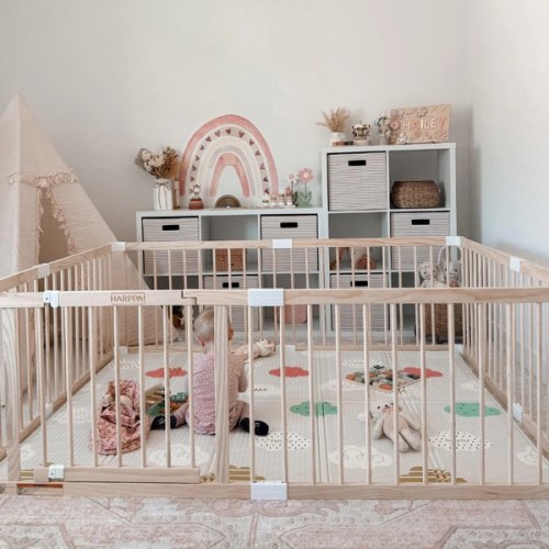 HARPPA Baby Gate Playpen, Foldable Wooden Play Gate, Non-Toxic Foldable Wooden Play Yard for Babies & Toddlers, Adjustable DIY Baby Fence, Large & Small Safe Play Area, Easy-Assembly Natural Finish Indoor Playpen, DIY Playpen Foldable Wooden Playpen, Adju