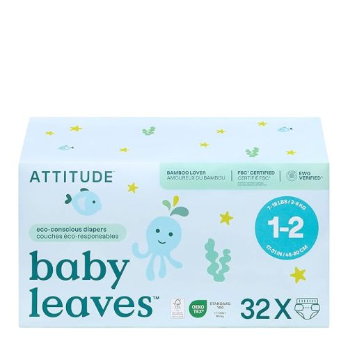 ATTITUDE Eco-Conscious Disposable Diapers, EWG Verified, Size 1/2 (7-17 lbs), Ultra Absorbent for Baby, Vegan & Plant-Based, 32 Count
