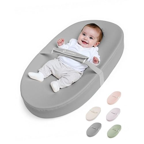 COMOMY Baby Changing Pad with Wipeable & Waterproof PU Cover, Contoured Diaper Changing Pad for Dresser with Non-Slip Safety Belt, Portable and Lightweight, Large Cushioned Foam, Gray