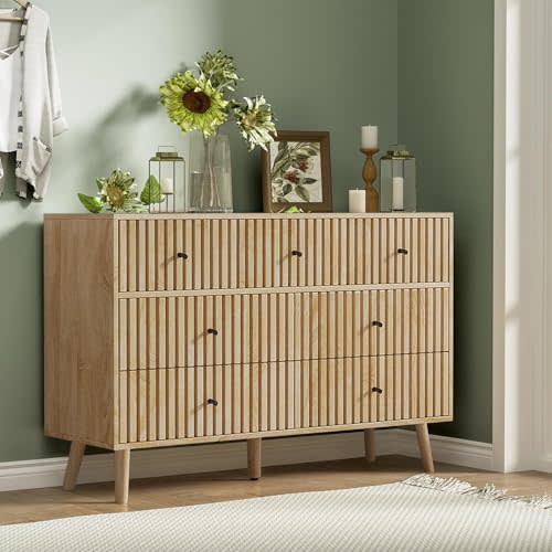 Fsbecl Dresser for Bedroom with 7 Drawers,47.24'' Wide Modern Bedroom Dresser with Fluted Panel,Chest of Drawers,Wood Dresser Organizer Storage Cabinet for Living Room,Entryway (Natural, 47.24'' W)