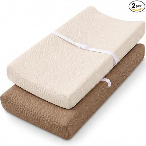 Muslin Changing Pad Cover, Baby Diaper Changing Table Pad Sheets, Cotton Soft Breathable Fitted, Boys Girls Neutral 2 Pack (Brown＆Beige)