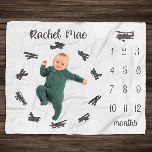 Personalized Airplane Baby Milestone Blanket, Baby Boy Monthly Milestone Blanke, Aviation Blanket, Pilot Blanket Airplane Nursery
