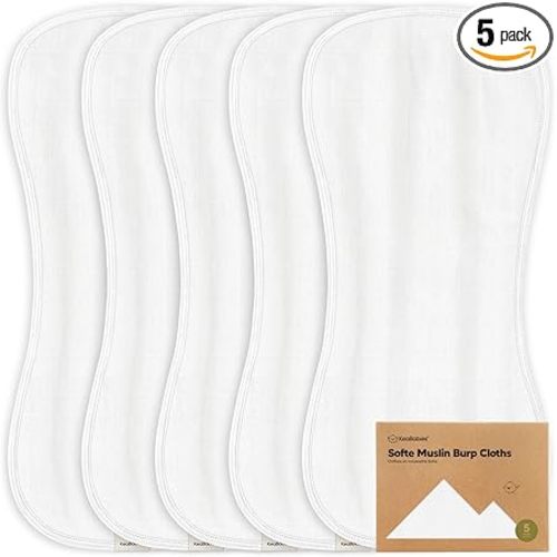 5-Pack Muslin Burp Cloths Baby Boy, Girl - Very Absorbent Baby Burp Cloth Rags, 8-Layers Viscose Derived from Bamboo Cotton Muslin Towel, Super Soft Spit Up Rags, No Shrink Washcloths (Soft White)