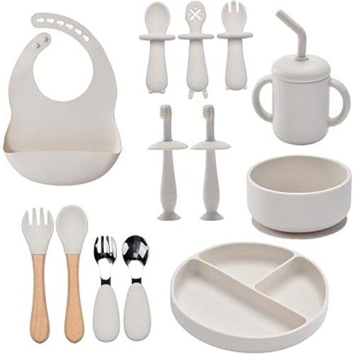 Silicone Baby Feeding Set,13PCS Baby Feeding Essentials with Suction Bowl and Plate,Spoons & Forks,Bib & Cup,Baby Toothbrush,Baby Led Weaning Supplies for 6+ Months,Baby Eating Essentials-White