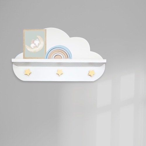 Floating White Cloud Nursery Shelf - Baby Nursery Cloud Decor with Star Hooks for Wall