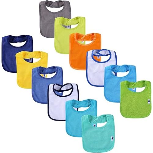 12 Pack Terry Drool Cotton Bibs, Unisex Baby Bibs with Fiber Filling Waterproof for Feeding, Teething, Drooling