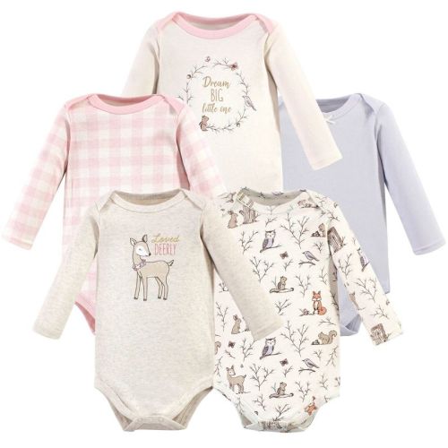 Hudson Baby Infant Girl Cotton Long-sleeve Bodysuits 5pk, Enchanted Forest, 0-3 Months