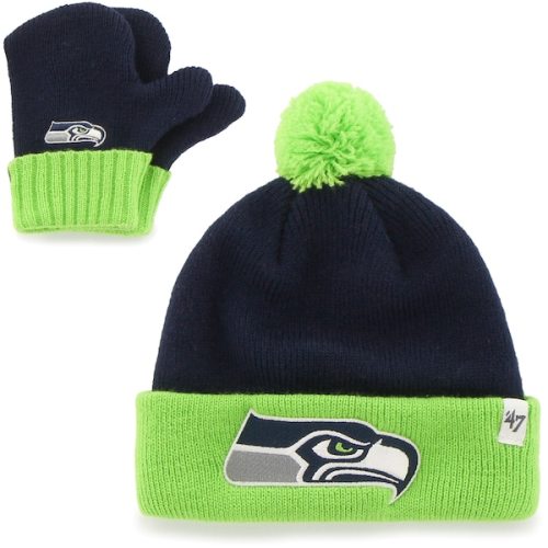 Infant Seattle Seahawks '47 College Navy/Neon Green Bam Bam Cuffed Knit Hat With Pom and Mittens Set