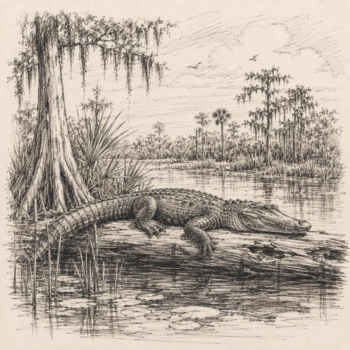Florida Wetlands Alligator Sketch Print | Vintage Wildlife Decor